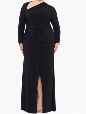 Adam Black Long Sleeve Ruched Maxi Dress with Front Slit